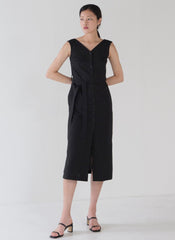 Sleeveless Button-Front Linen Midi Dress with Belted Waist and Side Slit Detail