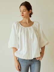 Billowy Linen Blouse with Wide Sleeves and Gathered Scoop Neckline