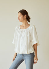 Billowy Linen Blouse with Wide Sleeves and Gathered Scoop Neckline