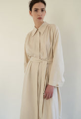 Linen Blend Belted Midi Coat Dress with Soft Shoulder Pleats and Covered Button Placket