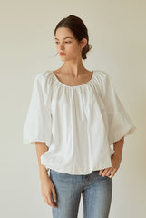 Billowy Linen Blouse with Wide Sleeves and Gathered Scoop Neckline