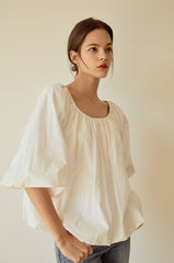 Billowy Linen Blouse with Wide Sleeves and Gathered Scoop Neckline