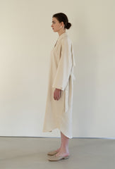 Linen Blend Belted Midi Coat Dress with Soft Shoulder Pleats and Covered Button Placket