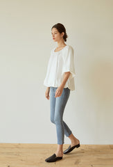 Billowy Linen Blouse with Wide Sleeves and Gathered Scoop Neckline