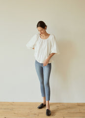 Billowy Linen Blouse with Wide Sleeves and Gathered Scoop Neckline