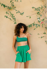 Cotton Bandeau Bikini Top with Polka Dot Print and Asymmetric Strap Detail