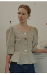 Structured Linen Blouse with Puff Sleeves and Statement Buttons