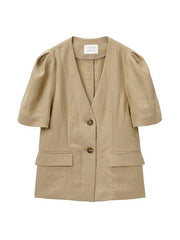 Structured Linen Blouse with Puff Sleeves and Statement Buttons