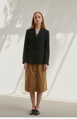 Structured Cotton Blend Button-Down Midi Dress for Women with V-Neck and Elastic Back Waist