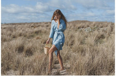 Linen Midi Wrap Dress with Waist Tie and Back Cut-Out Detail