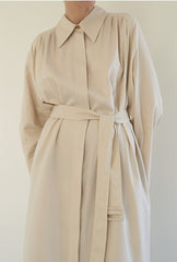 Linen Blend Belted Midi Coat Dress with Soft Shoulder Pleats and Covered Button Placket