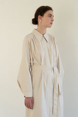 Linen Blend Belted Midi Coat Dress with Soft Shoulder Pleats and Covered Button Placket