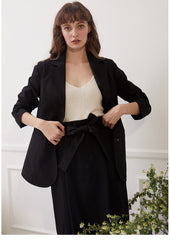 High-Waisted Linen Midi Skirt with Waist Tie and Front Slit for Sleek Tailored Styling