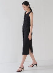 Sleeveless Button-Front Linen Midi Dress with Belted Waist and Side Slit Detail