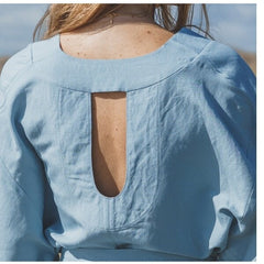 Linen Midi Wrap Dress with Waist Tie and Back Cut-Out Detail