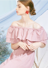 Off Shoulder Ruffle Midi Linen Dress with Waist Belt – Lightweight Summer Linen Fabric