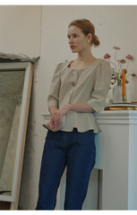 Structured Linen Blouse with Puff Sleeves and Statement Buttons