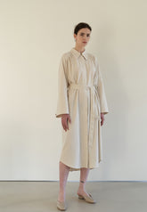 Linen Blend Belted Midi Coat Dress with Soft Shoulder Pleats and Covered Button Placket