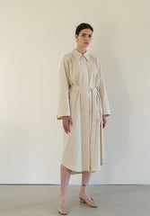 Linen Blend Belted Midi Coat Dress with Soft Shoulder Pleats and Covered Button Placket
