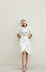 Linen Midi Skirt with Wrap Front and Eyelet Embroidery – Feminine A-Line Summer Silhouette