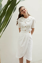 Linen Midi Skirt with Wrap Front and Eyelet Embroidery – Feminine A-Line Summer Silhouette