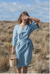 Linen Midi Wrap Dress with Waist Tie and Back Cut-Out Detail