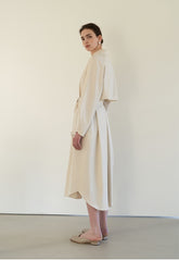 Linen Blend Belted Midi Coat Dress with Soft Shoulder Pleats and Covered Button Placket