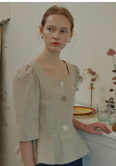 Structured Linen Blouse with Puff Sleeves and Statement Buttons