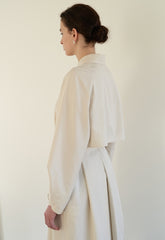 Linen Blend Belted Midi Coat Dress with Soft Shoulder Pleats and Covered Button Placket