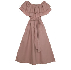 Off Shoulder Ruffle Midi Linen Dress with Waist Belt – Lightweight Summer Linen Fabric