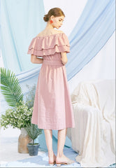 Off Shoulder Ruffle Midi Linen Dress with Waist Belt – Lightweight Summer Linen Fabric