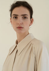 Linen Blend Belted Midi Coat Dress with Soft Shoulder Pleats and Covered Button Placket