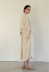 Linen Blend Belted Midi Coat Dress with Soft Shoulder Pleats and Covered Button Placket