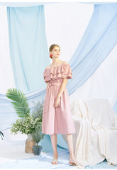 Off Shoulder Ruffle Midi Linen Dress with Waist Belt – Lightweight Summer Linen Fabric