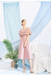 Off Shoulder Ruffle Midi Linen Dress with Waist Belt – Lightweight Summer Linen Fabric