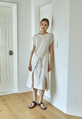 Cap Sleeve Linen Midi Dress for Women with Adjustable Front Wrap Tie and Soft Flowy Silhouette