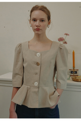 Structured Linen Blouse with Puff Sleeves and Statement Buttons