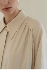 Linen Blend Belted Midi Coat Dress with Soft Shoulder Pleats and Covered Button Placket