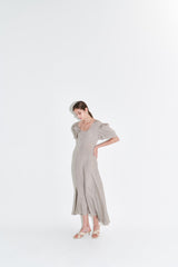 Silk Midi Dress for Women with Puff Sleeves and Scoop Neckline – Flared Hem and Elegant Fit