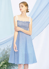 Cotton Poplin Sleeveless Smocked Midi Dress with Tie Shoulder Straps and Flared Hem