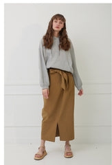 High-Waisted Linen Midi Skirt with Front Slit and Clean Seams for Effortless Elegance
