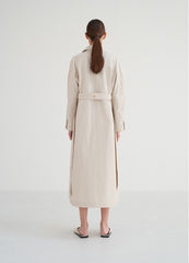 Structured Linen Blend Coat Dress with Button Front, Defined Collar, and Side Slits