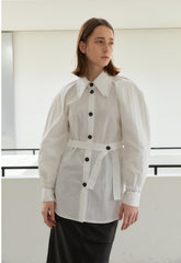 Tailored Linen Shirt with Belt and Puff Sleeves – Crisp Button-Down with Modern Silhouette