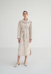 Structured Linen Blend Coat Dress with Button Front, Defined Collar, and Side Slits