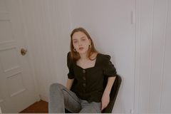 Tailored Linen Blouse With Puff Sleeves and Sculpted Peplum Silhouette