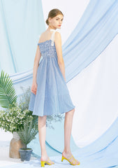 Cotton Poplin Sleeveless Smocked Midi Dress with Tie Shoulder Straps and Flared Hem