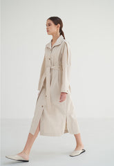 Structured Linen Blend Coat Dress with Button Front, Defined Collar, and Side Slits