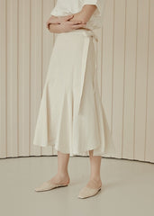 Flared Hem Linen Midi Skirt with Side Tie Detail and High Waist Silhouette