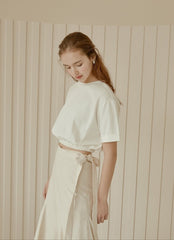 Cropped Linen Blouse With Elastic Hem And Short Sleeves For Refined Casual Styling