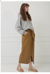 High-Waisted Linen Midi Skirt with Front Slit and Clean Seams for Effortless Elegance